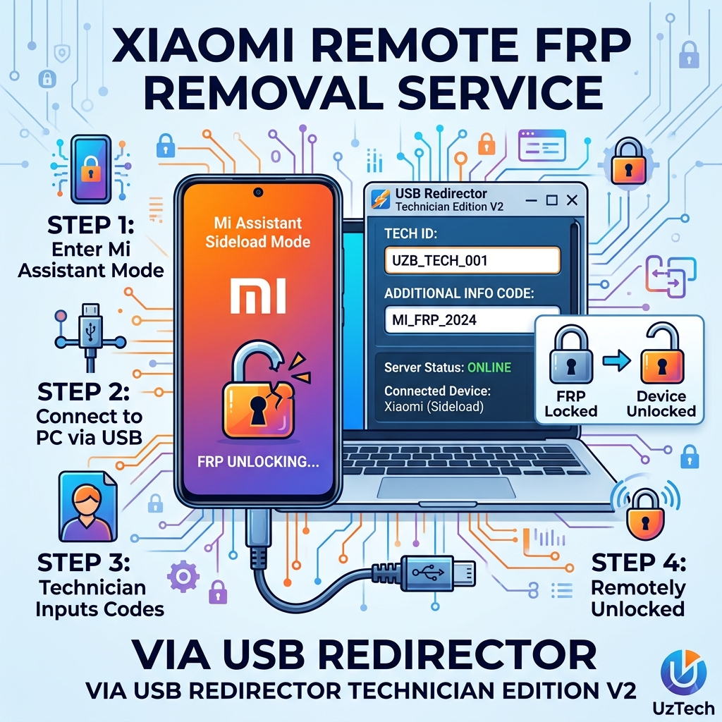 Xiaomi Remote FRP — Masofaviy Google hisobni yechish (USB Redirector)