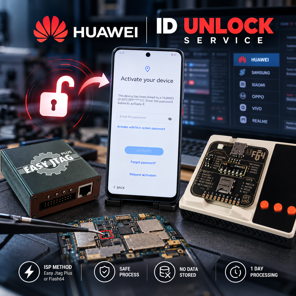 Huawei ID Unlock via ISP — Easy JTAG Plus / Flash64