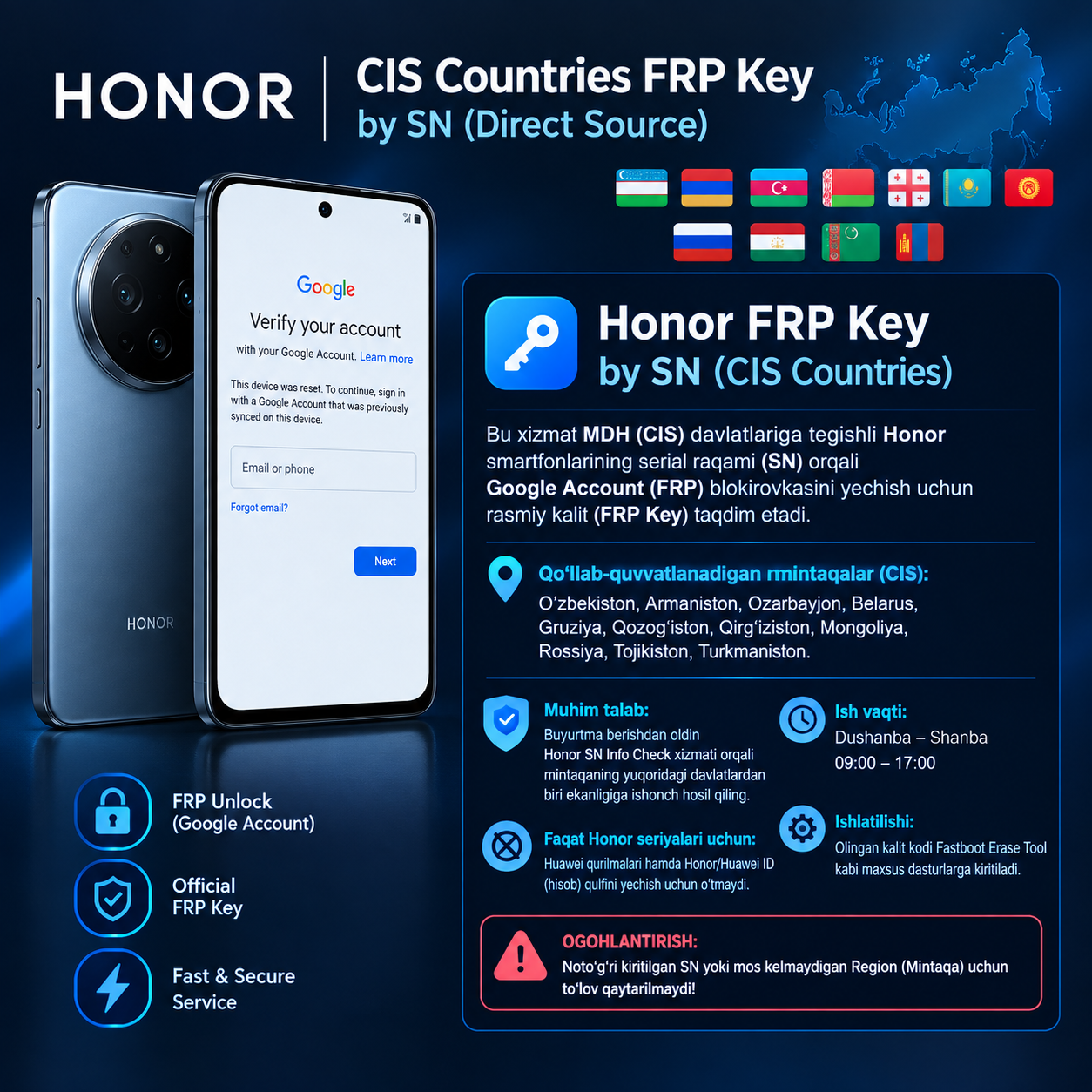 Honor CIS Countries FRP Key by SN (Direct Source) — Rasmiy Kalit